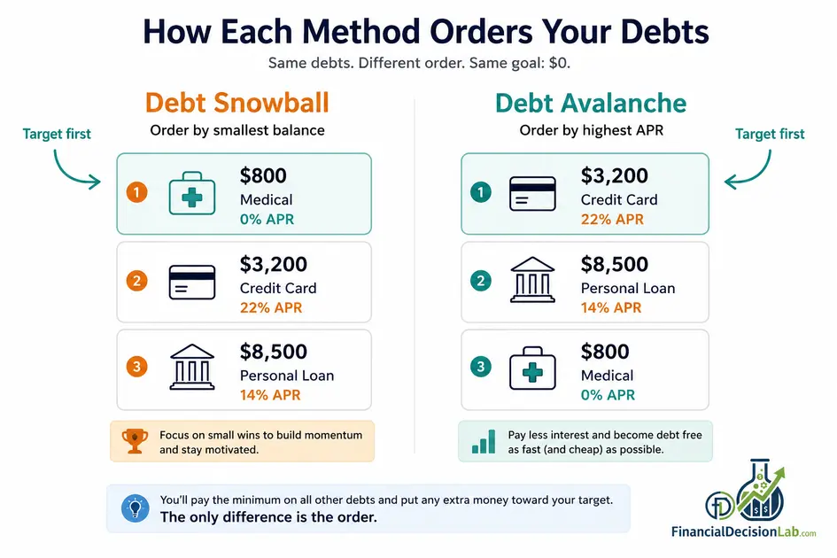 Side-by-side comparison of debt snowball and debt avalanche ordering: snowball sorts three debts smallest balance first ($800, $3,200, $8,500), avalanche sorts the same debts highest APR first (22%, 14%, 0%), with an arrow showing which debt gets targeted first in each method.