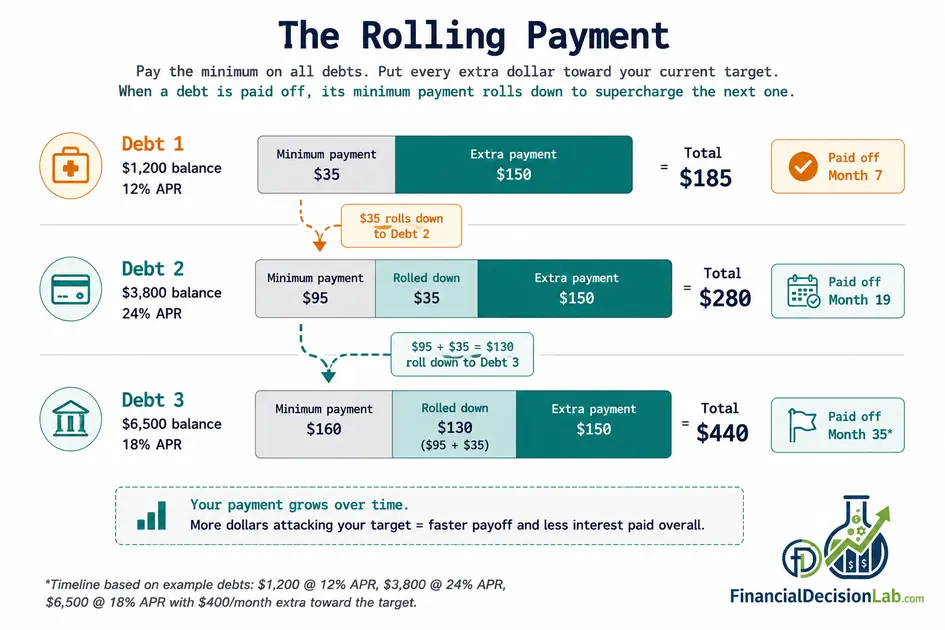 Diagram showing the rolling payment mechanic across three debts. Debt 1 ($800) is paid off at Month 7, and its $35 minimum payment rolls into Debt 2's extra payment budget. When Debt 2 ($3,200) clears, its $95 minimum plus the rolled $35 stack onto Debt 3 ($6,500), accelerating each successive payoff with a growing total payment.