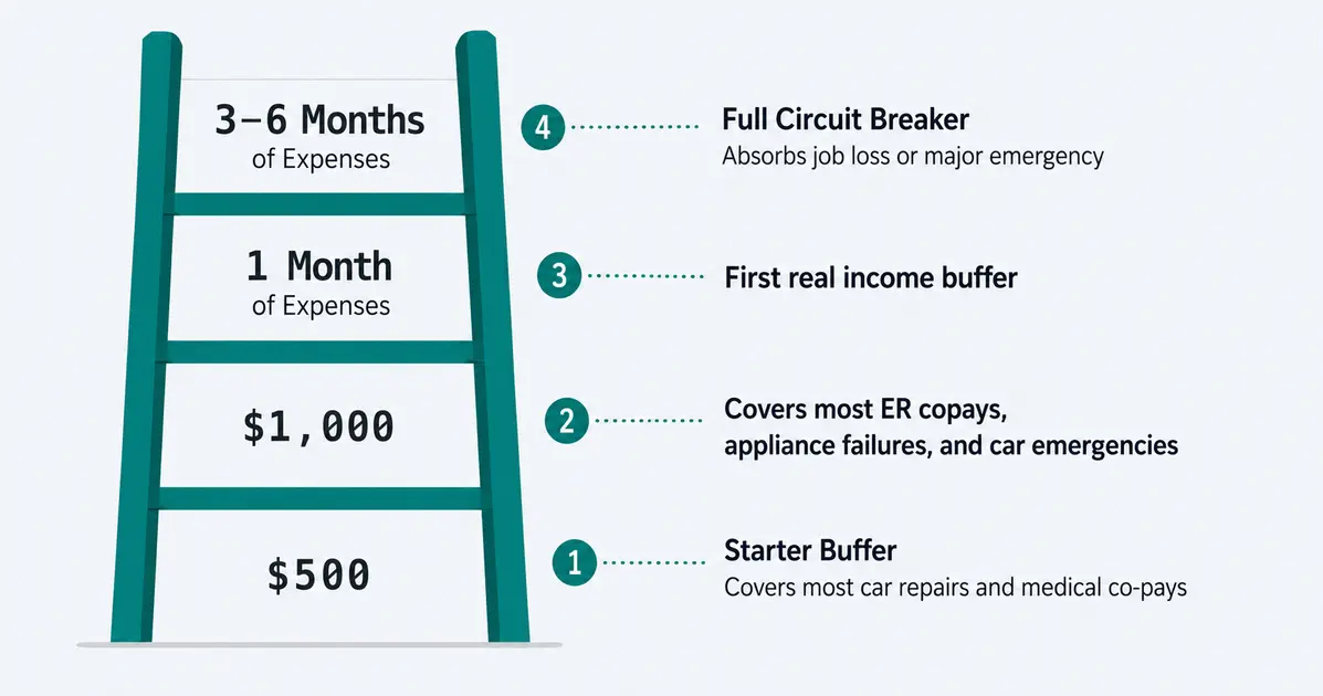 Four-rung milestone ladder for building an emergency fund: rung 1 is $500 (starter buffer — covers most car repairs and medical co-pays), rung 2 is $1,000 (covers the majority of ER copays and appliance failures), rung 3 is 1 month of expenses (first real income buffer), and rung 4 is the full 3–6 month target (complete circuit breaker). Each rung is labeled with what financial damage it prevents.