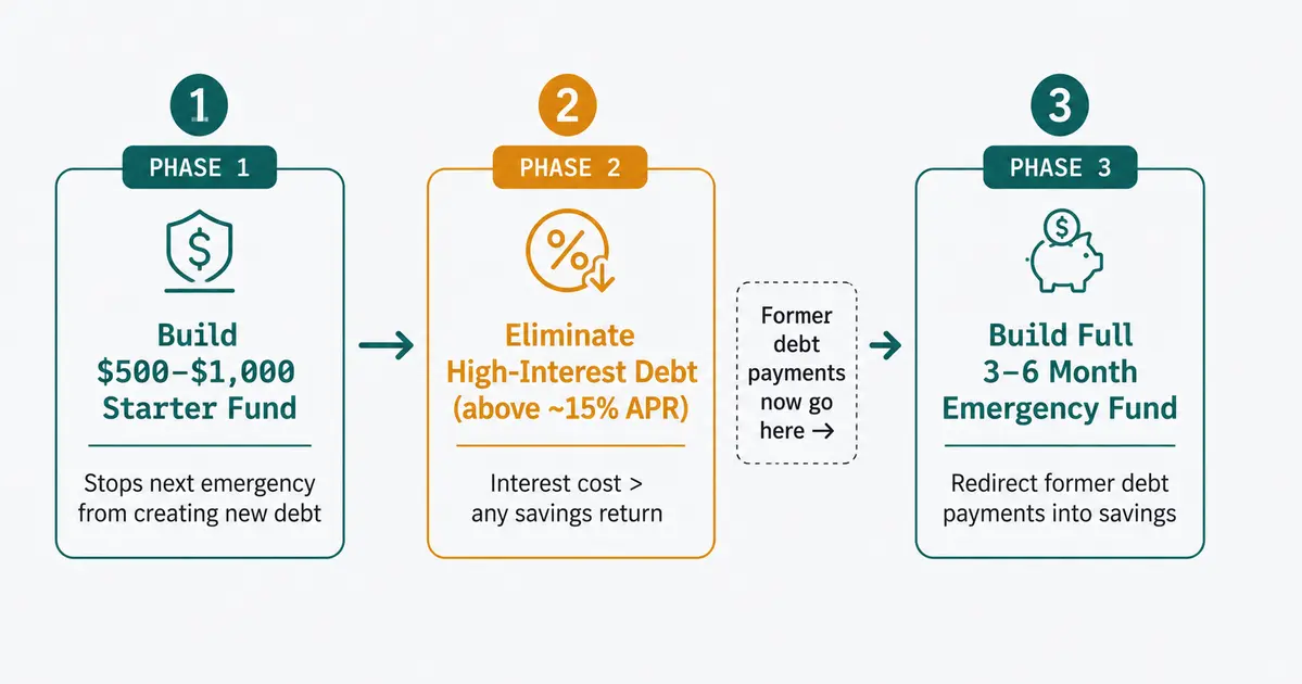 Three-phase priority sequence diagram. Phase 1: Build $500–$1,000 starter fund first — stops the next emergency from adding new debt. Phase 2: Eliminate high-interest debt above 15% APR — interest cost exceeds any savings return. Phase 3: Build the full 3–6 month fund — redirect former debt payments directly into savings. Arrows show that completing each phase unlocks cash flow for the next.