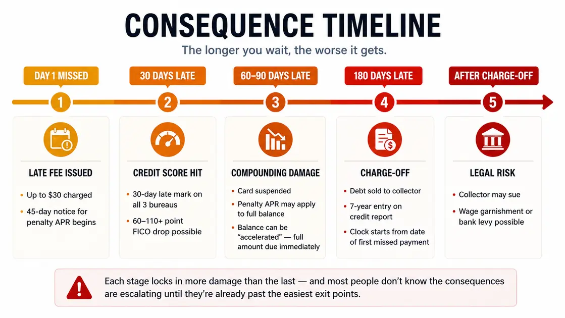 Horizontal consequence timeline showing five stages of missed credit card payments. Stage 1 (Day 1 Missed): Late fee issued, up to $30 charged, 45-day notice for penalty APR begins. Stage 2 (30 Days Late): Credit score hit, 30-day late mark on all 3 bureaus, 60–110+ point FICO drop possible. Stage 3 (60–90 Days Late): Compounding damage, card suspended, penalty APR may apply to full balance, balance can be accelerated. Stage 4 (180 Days Late): Charge-off, debt sold to collector, 7-year entry on credit report. Stage 5 (After Charge-Off): Legal risk, collector may sue, wage garnishment or bank levy possible. Color coded amber to red by severity.