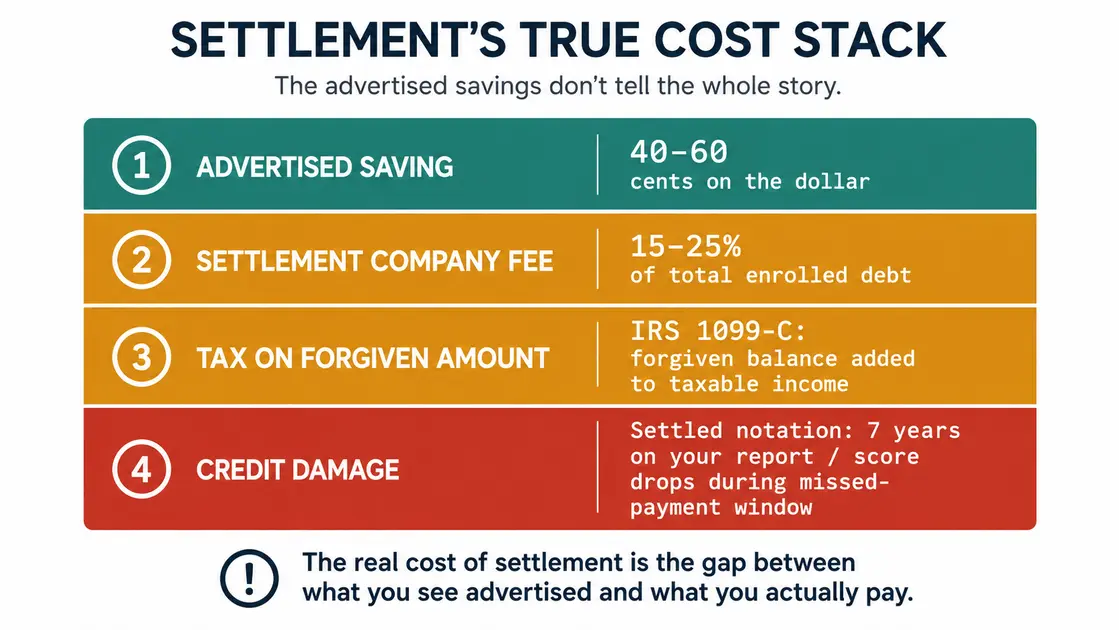 Stacked cost breakdown graphic for debt settlement. Top band: Advertised saving — 40–60 cents on the dollar (teal). Three cost layers below it: Settlement company fee 15–25% of enrolled debt (amber), Tax on forgiven amount via IRS Form 1099-C (amber), Credit damage — 7-year mark on credit report (muted red). Illustrates that the advertised saving is partially offset by fees, tax liability, and long-term credit consequences before reaching the net benefit.