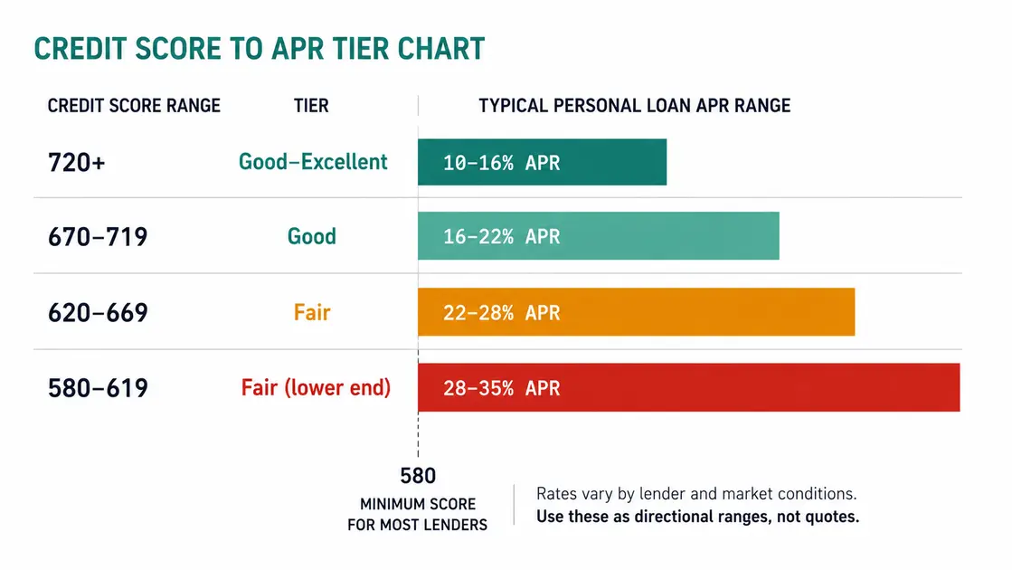 Horizontal bar chart showing four credit score tiers and their corresponding personal loan APR ranges. Row 1: 720+ score — 10–16% APR (teal bar). Row 2: 670–719 score — 16–22% APR (light teal bar). Row 3: 620–669 score — 22–28% APR (amber bar). Row 4: 580–619 score — 28–35% APR (muted red bar). A vertical divider line near 580 is labeled minimum score for most lenders. Shows that APR depends almost entirely on credit score tier.