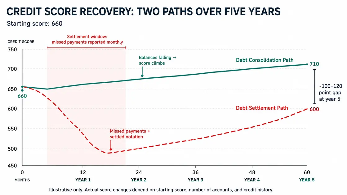 Dual-line chart showing two credit score trajectories over 60 months (5 years) starting from the same 660 baseline. The consolidation path (solid teal line) shows a small dip at month 1 from the hard inquiry, then a steady climb well above baseline, finishing around 720–730 at month 60. The settlement path (dashed red line) shows a sharp drop during the missed-payment window (months 1–18), a partial recovery after settlement, but still finishing below the 660 baseline at year 5. A bracket at month 60 labels the gap between the two lines as approximately 100–120 points.