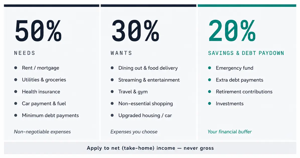 Three-column graphic showing the 50/30/20 budget rule buckets. Left column: Needs 50% — rent/mortgage, utilities and groceries, health insurance, car payment and fuel, minimum debt payments — labeled non-negotiable expenses. Center column: Wants 30% — dining out, streaming and entertainment, travel and gym, non-essential shopping, upgraded housing or car — labeled expenses you choose. Right column (teal accent): Savings and Debt Paydown 20% — emergency fund, extra debt payments, retirement contributions, investments — labeled your financial buffer. Footer note: Apply to net take-home income, never gross.